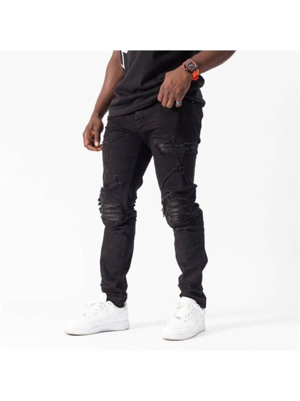 Amiri Jeans Mens Size 38 Distressed Skinny Black Leather Patch Ripped Made In US